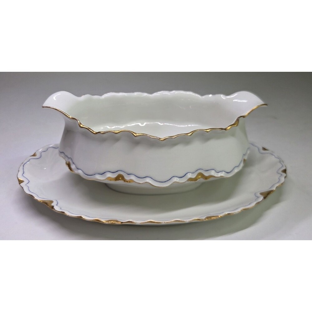 Antique Haviland Limoges Gravy Boat With Attached Under Plate Gold Blue France